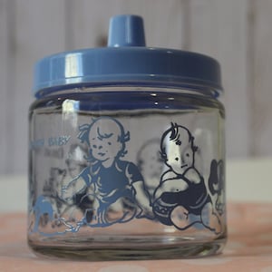 Vintage 50s 60s "Round the Clock with Baby" BLUE Glass Covered Lid Storage Jar Cannister baby room // kitsch kitschy MCM jar cannister