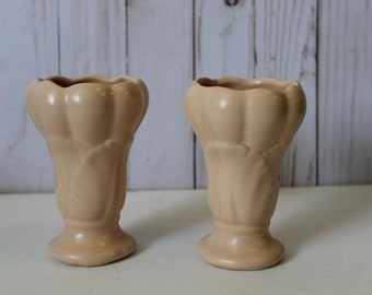 Vintage 40s Shell Pink Franciscan Art Deco Tulip Small Vase Pair (2) Ceramic California Pottery Bud Vase // Pinup Mid Century Vanity