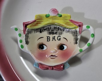 RARE HTF Vintage Lefton Miss Dainty Tea Bag Holder kitschy caddy priss - spoon rest