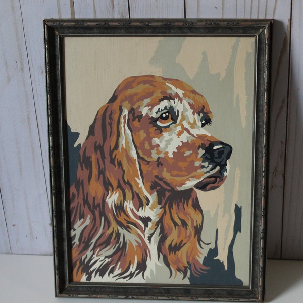 Peinture par numéros vintage des années 50 encadrée, peinture à l'huile de chiens cockers, cadre en bois 11 x 14 po.// MCM Kitsch art mural décoration kitsch #1