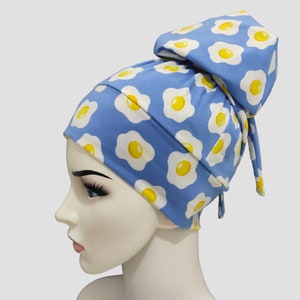 Funny caps, sunny side up caps, scrub caps, ponytail, long hair nurse cap, stretchy, with buttons, hats, medical cap, nurse surgical caps