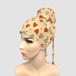 Heart scrub caps, nurse ponytail, long hair nurse cap, bouffant, stretchy, surgical, with buttons,doctor medical cap