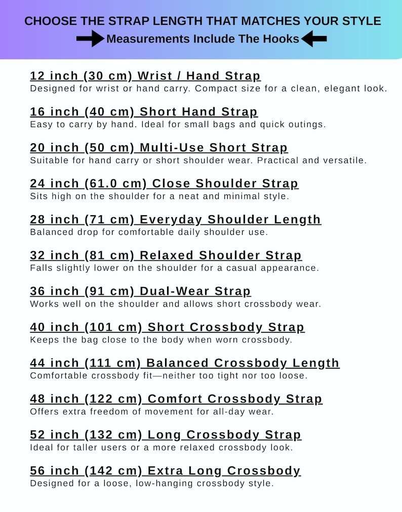 May include: Informative graphic detailing strap lengths for bags, ranging from 12 inches (30 cm) wrist straps to 56 inches (142 cm) extra-long crossbody straps. Includes descriptions for each length, such as "Everyday Shoulder Length" at 28 inches (71 cm).