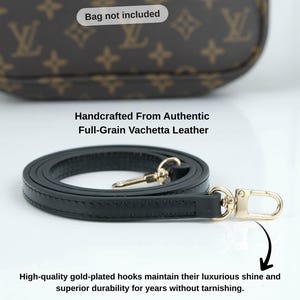 May include: Black leather handbag strap with gold-plated hooks. The strap is 0.4 inches (1 cm) wide and made from full-grain Vachetta leather. The image also includes the text: "Bag not included."