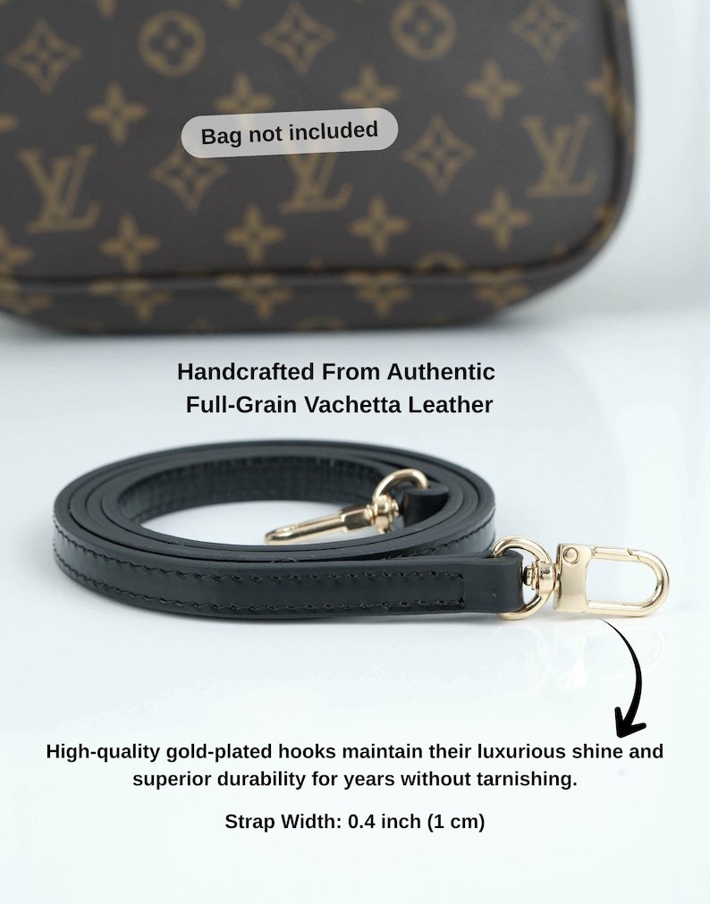 May include: Black leather handbag strap with gold-plated hooks. The strap is 0.4 inches (1 cm) wide and made from full-grain Vachetta leather. The image also includes the text: "Bag not included."