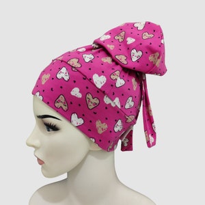 Valentines day scrub caps, ponytail, long hair nurse cap, bouffant, stretchy, surgical, with buttons, hats, medical cap, nurse surgical caps