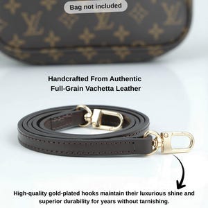 May include: A dark brown leather purse strap with gold-plated hooks. The strap is made from full-grain vachetta leather and is 0.4 inches (1 cm) wide. The text says "Handcrafted From Authentic Full-Grain Vachetta Leather".