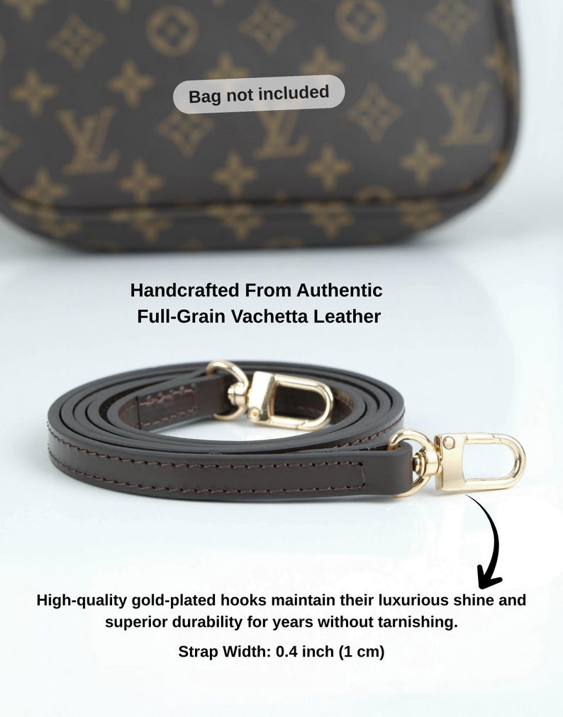 May include: A dark brown leather purse strap with gold-plated hooks. The strap is made from full-grain vachetta leather and is 0.4 inches (1 cm) wide. The text says "Handcrafted From Authentic Full-Grain Vachetta Leather".