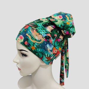 Scrub cap ponytail, mermaid cap for women, long hair nurse cap, doctor bonnet, stretchy, surgical, with buttons, medical, nurse surgical hat