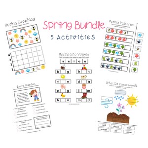 Spring Kindergarten Bundle PDF-Graphing Worksheet- CVC Worksheet-Patterns Worksheet-Part of Plants Worksheet-Reading Comprehension