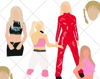 Cantante degli anni 2000 Set di 5 PNG, file PNG Spears, file PNG Y2K, illustrazioni artistiche della cultura pop Y2K / Abiti e spettacoli iconici di Britney