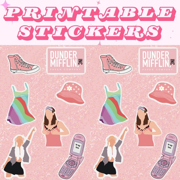 Printable Sticker Sheet Set of 7, 2000s Themed Stickers, Cute Pink Y2K PNG Files, Funny PNG Clipart, 13 Going on 30, Britney Spears, Dunder