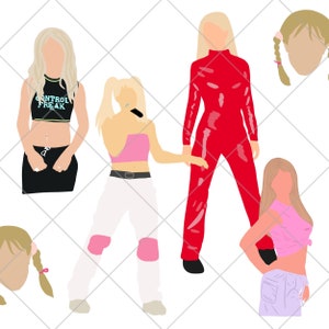 2000er Jahre Singer Set mit 5 PNG-Dateien, Y2K PNG-Dateien, Y2K Popkultur Kunst Illustrationen | Kultige Britney Outfits und Auftritte