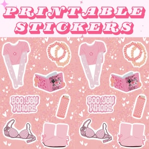 May include: Printable stickers with a pink and white color scheme. The stickers feature a variety of designs, including a book with the text "Bad B*tch Book", a pink crop top with long sleeves, a pair of pink boots, a pink bra, a water bottle, and the text "Boo You Whore".