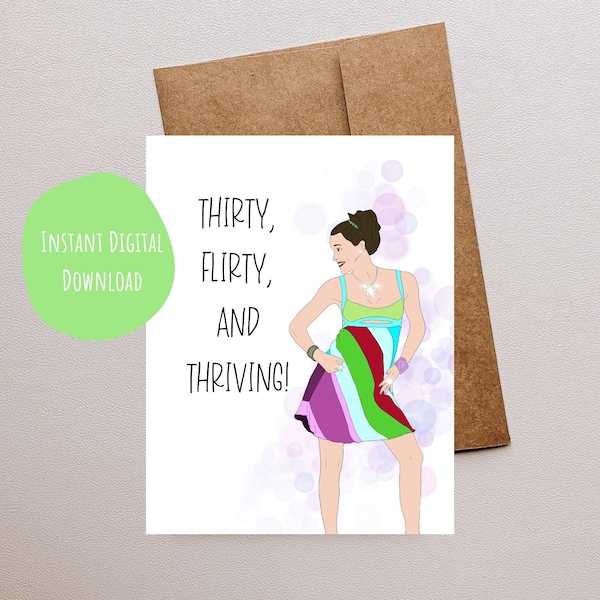 Funny Birthday Card, 30th Birthday, Romcom Romantic Comedy Greeting Card, Custom Instant Digital Download, Thirty Flirty and Thriving, 13 30