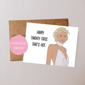 Divertida tarjeta de cumpleaños número 21 de Paris Hilton, veintiuno, 21 cumpleaños ridículo, tarjetas Y2K de la década de 2000, tarjetas de fiesta para chicas, descarga digital instantánea,