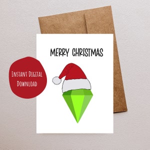 Cartão de Natal engraçado, cartão de Natal The Sims Green Plumbob Santa Hat, cartões divertidos para impressão, cartão digital para download, videogame Sims