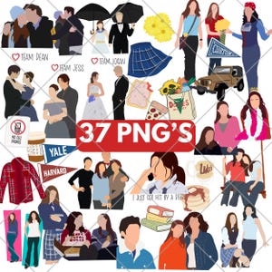 May include: A digital illustration set of 37 images featuring characters from the popular television show "Gilmore Girls". The images include characters like Lorelai, Rory, Luke, Dean, Jess, Logan, and Sookie. The images are in a cartoon style and feature various scenes from the show, including the diner, the town square, and the Stars Hollow High School.