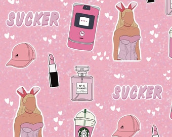 2000s Printable Sticker Sheet, Set of 7, Y2k Aesthetic Stickers, Starbucks Sticker, Pink Themed Sticker for Journals, Planners, Cute Clipart
