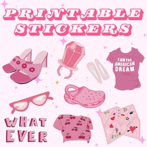 Printable Sticker Sheet Set of 9, 2000s Themed Stickers, Print at Home, Funny Y2K PNG Files, Download Cute Pink 00&#39;s PNG Sticker Clipart