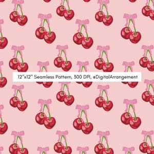 Puede incluir: Un patrón sin costuras con cerezas rojas con lazos rosas sobre un fondo rosa claro. El patrón mide 30,5 cm por 30,5 cm y tiene una resolución de 300 DPI.  @DigitalArrangement