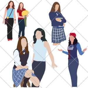 May include: Illustration of six figures in various outfits. One figure wears a blue top and black pants, another holds yellow flowers, and others are in school uniforms. The figures are in a minimalist style.