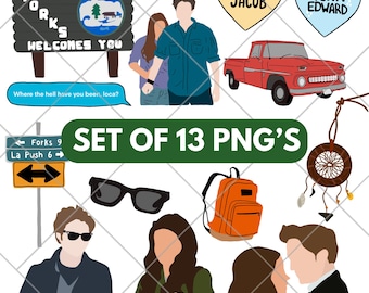 May include: A collection of 13 PNG images featuring elements from the Twilight saga. Includes a red pickup truck, a sign that says "The City of Forks Welcomes You", and heart-shaped graphics with "Team Jacob" and "Team Edward" text. Also includes a dreamcatcher and sunglasses.