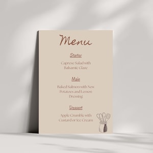 Modelo de menu de jantar de hospedagem, design de cartão de menu bonito, personalizável com entrada, prato principal e sobremesa, cartão de jantar, jantar, utensílios gráficos