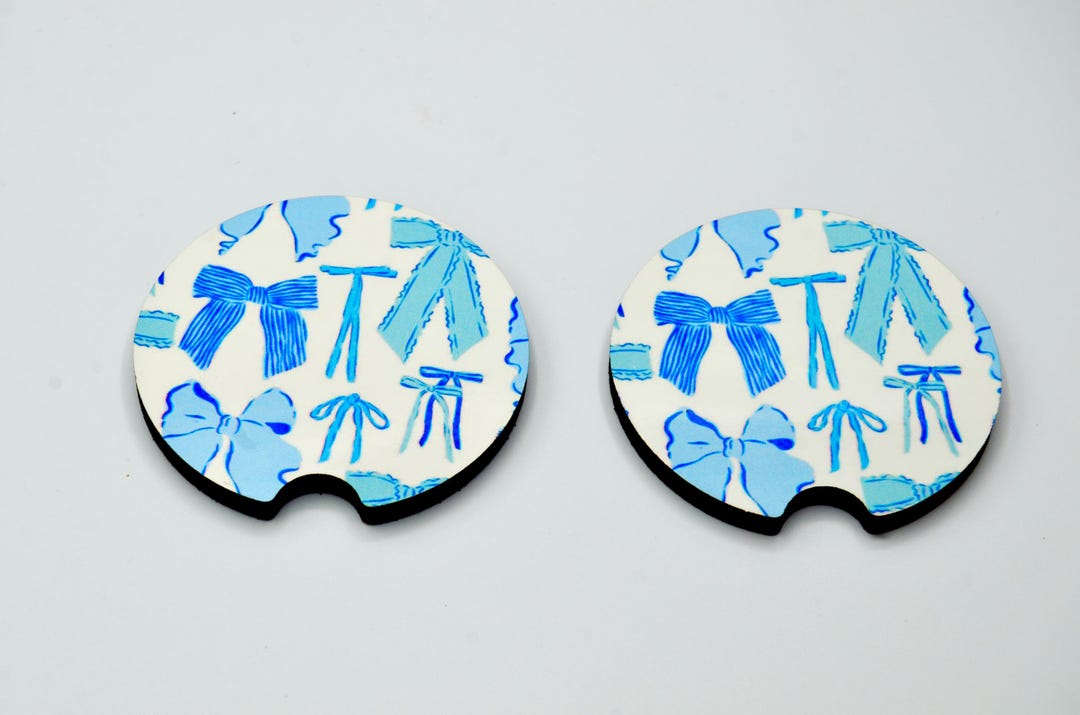 Blue Bows Car Coasters set of 2 Cute Bow Themed Coasters, Cute Car