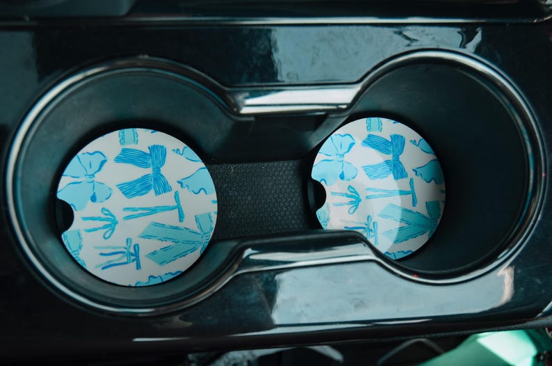 Blue Bows Car Coasters set of 2 Cute Bow Themed Coasters, Cute Car