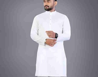 Men's Cotton Kurta Pajama Set, Mandarin Collar Kurta With Pants For Men's,Party Wear Pathani With Shalwar 100% Cotton Solid White Color