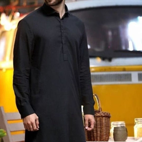 Men's Kurta With Shalwar Suit Handmade Top With Pants Set, Party Wear Kurta,kameez Salwar Black Set,Solid Color Black Plus size Available