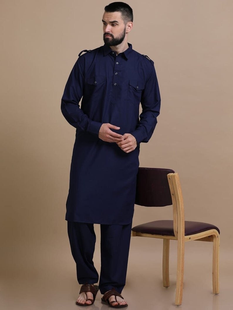 Men Navy Blue Blue Kurta With Pajama Cotton Kurta Set India Kurta Pajama Set Pakistani Weddings Pathani Kurta Set Party Wear Etsy Canada