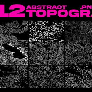 Puede incluir: Un conjunto de 12 diseños de topografía abstracta en blanco y negro. Los diseños están en formato de cuadrícula y presentan varias formas y patrones. El texto "12 ABSTRACT TOPOGRAPHY .PNG .SVG .CDR" está en la parte superior de la imagen.
