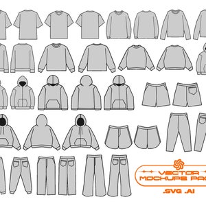 May include: A set of 30 different clothing templates, including t-shirts, long-sleeved shirts, hoodies, sweatshirts, pants, shorts, and sweatpants. The templates are all in a simple, minimalist style and are perfect for creating your own custom designs.