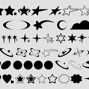May include: A collection of black and white illustrations of stars, moons, clouds, and other celestial objects. The illustrations are simple and whimsical, and would be perfect for use in a variety of creative projects.