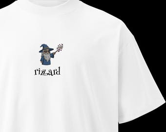 Rizzard oversized high neck heavyweight t-shirt: Funny rizzler unisex tee, Viral meme streetwear, Trendy flirty pickup shirt, Confidence fit