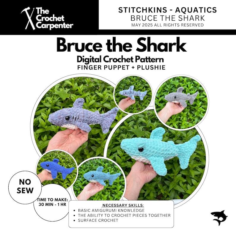 K&ouml;nnte beinhalten: Digitales H&auml;kelmuster f&uuml;r eine Bruce the Shark Fingerpuppe und ein Pl&uuml;schtier. Das Bild zeigt mehrere geh&auml;kelte Haie in verschiedenen Blau- und Graut&ouml;nen mit dem Text "Bruce the Shark" und "No Sew".