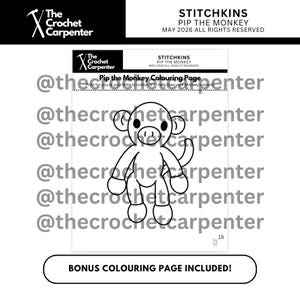 K&ouml;nnte beinhalten: Eine Schwarz-Wei&szlig;-Malvorlage mit einem Zeichentrickaffen namens Pip. Die Seite enth&auml;lt den Text "Pip the Monkey Colouring Page" und "Bonus Colouring Page Included!". Das Logo The Crochet Carpenter ist ebenfalls sichtbar.
