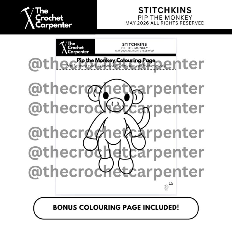 K&ouml;nnte beinhalten: Eine Schwarz-Wei&szlig;-Malvorlage mit einem Zeichentrickaffen namens Pip. Die Seite enth&auml;lt den Text "Pip the Monkey Colouring Page" und "Bonus Colouring Page Included!". Das Logo The Crochet Carpenter ist ebenfalls sichtbar.