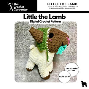 May include: A crocheted lamb toy with brown fur, a green hat, and a pink nose. The toy is holding a green leaf in its mouth. The image includes the text "Little the Lamb" and "Digital Crochet Pattern".