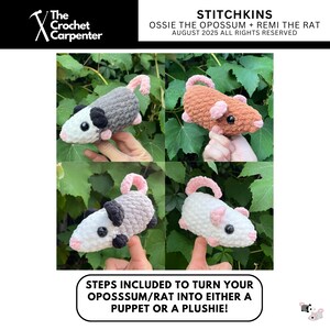 May include: Four crocheted plush toys of an opossum and a rat are displayed. The opossums are gray and white, while the rat is brown. Each has pink ears and tail. The text reads "STITCHKINS" and "OSSIE THE OPOSSUM + REMI THE RAT".