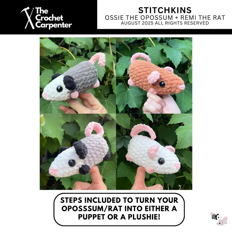 May include: Four crocheted plush toys of an opossum and a rat are displayed. The opossums are gray and white, while the rat is brown. Each has pink ears and tail. The text reads "STITCHKINS" and "OSSIE THE OPOSSUM + REMI THE RAT".