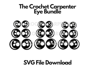 May include: A digital download of nine SVG files for crocheting eyes. The eyes are in three styles: simple circles, stars, and hearts. The SVG files are for use with a cutting machine.