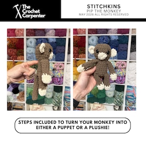 K&ouml;nnte beinhalten: Ein geh&auml;keltes Affenspielzeug in zwei Ansichten. Der Affe ist braun mit cremefarbenen Akzenten an H&auml;nden, F&uuml;&szlig;en und Ohren. Der Text "STITCHKINS PIP THE MONKEY" steht oben. Der Text "STEPS INCLUDED TO TURN YOUR MONKEY INTO EITHER A PUPPET OR A PLUSHIE!" steht unten.