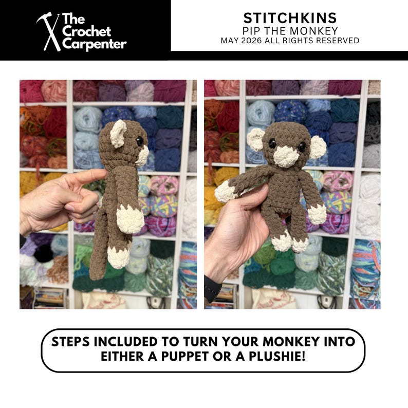 K&ouml;nnte beinhalten: Ein geh&auml;keltes Affenspielzeug in zwei Ansichten. Der Affe ist braun mit cremefarbenen Akzenten an H&auml;nden, F&uuml;&szlig;en und Ohren. Der Text "STITCHKINS PIP THE MONKEY" steht oben. Der Text "STEPS INCLUDED TO TURN YOUR MONKEY INTO EITHER A PUPPET OR A PLUSHIE!" steht unten.