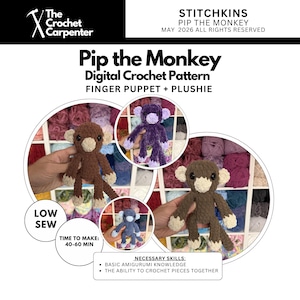 K&ouml;nnte beinhalten: Digitales H&auml;kelmuster f&uuml;r eine Pip the Monkey Fingerpuppe und ein Pl&uuml;schtier. Das Bild zeigt drei fertige geh&auml;kelte Affen in Braun, Lila und Blau. Der Text enth&auml;lt "Low Sew" und "Time to Make: 40-60 min."