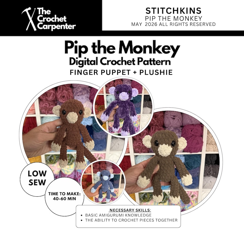 K&ouml;nnte beinhalten: Digitales H&auml;kelmuster f&uuml;r eine Pip the Monkey Fingerpuppe und ein Pl&uuml;schtier. Das Bild zeigt drei fertige geh&auml;kelte Affen in Braun, Lila und Blau. Der Text enth&auml;lt "Low Sew" und "Time to Make: 40-60 min."