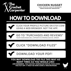 May include: A black and white graphic with a checklist of instructions on how to download a digital file from Etsy.com. The text reads "How to Download" and includes the following steps: "Click your profile picture on Etsy.com using a web browser. Not the app." "Go to "Purchases and Reviews" Your purchases will appear in chronological order." "Click "Download Files" "Download your PDF!"  "You may download the file this way as many times as you would like!"  "And remember, you can not download digital files using the Etsy app. It must be done using a web browser."