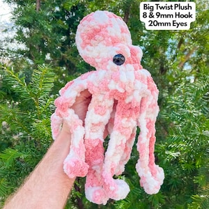May include: A pink and white crocheted octopus plush toy with black eyes. Big Twist Plush 8 & 9mm Hook 20mm Eyes.